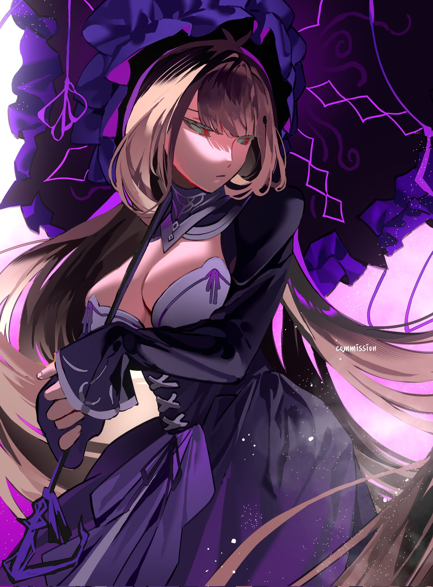 yongsadragon, dulcinea (project moon), limbus company, project moon, commission, highres, 1girl, antenna hair, black corset, black dress, blonde hair, bonnet, bow, breast ribbon, breasts, cleavage, closed mouth, corset, dress, frilled bonnet, frilled umbrella, frills, holding, holding umbrella, large breasts, long hair, looking at viewer, purple background, purple bonnet, purple bow, purple umbrella, red eyes, simple background, solo, standing, umbrella, upper body, white background