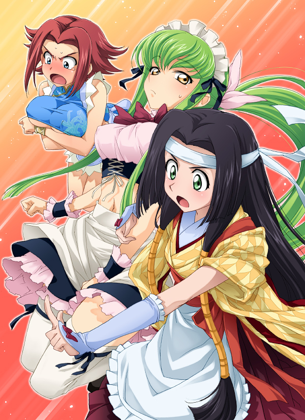 saipaco, c.c., kouzuki kallen, sumeragi kaguya, code geass, breast hold, 00s, alternate costume, black hair, blue eyes, breasts, enmaided, green eyes, green hair, headband, japanese clothes, long hair, maid, midriff, navel, ponytail, red hair, short hair, thighhighs, yellow eyes