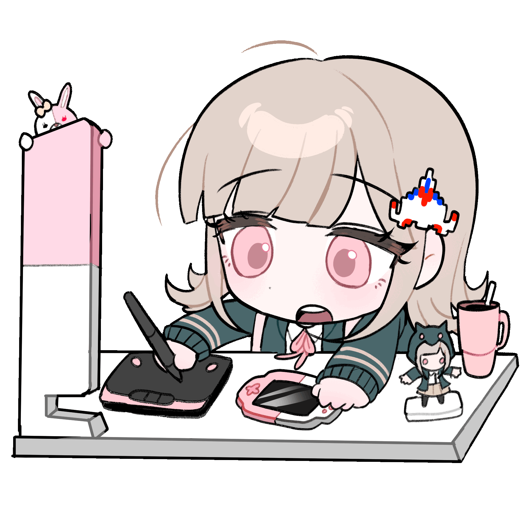yeonju, monomi (danganronpa), nanami chiaki, danganronpa (series), danganronpa 2: goodbye despair, animated, animated gif, highres, 1girl, :o, ahoge, black jacket, blinking, brown hair, chibi, chibi only, collared shirt, cup, dot nose, drawing tablet, figure, hair ornament, handheld game console, holding, holding stylus, jacket, long sleeves, medium hair, neck ribbon, open clothes, open jacket, open mouth, pink eyes, pink ribbon, ribbon, shirt, simple background, solo, stylus, teeth, transparent background, upper body, upper teeth only, white shirt