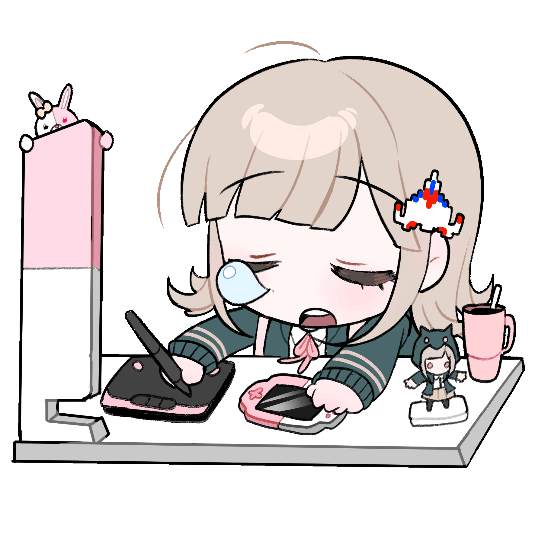 yeonju, monomi (danganronpa), nanami chiaki, danganronpa (series), danganronpa 2: goodbye despair, animated, animated gif, highres, 1girl, :o, ahoge, black jacket, brown hair, chibi, chibi only, closed eyes, collared shirt, cup, dot nose, drawing tablet, figure, hair ornament, handheld game console, holding, holding stylus, jacket, long sleeves, medium hair, neck ribbon, nose bubble, open clothes, open jacket, open mouth, pink ribbon, ribbon, shirt, simple background, sleeping, solo, stylus, teeth, transparent background, upper body, upper teeth only, white shirt