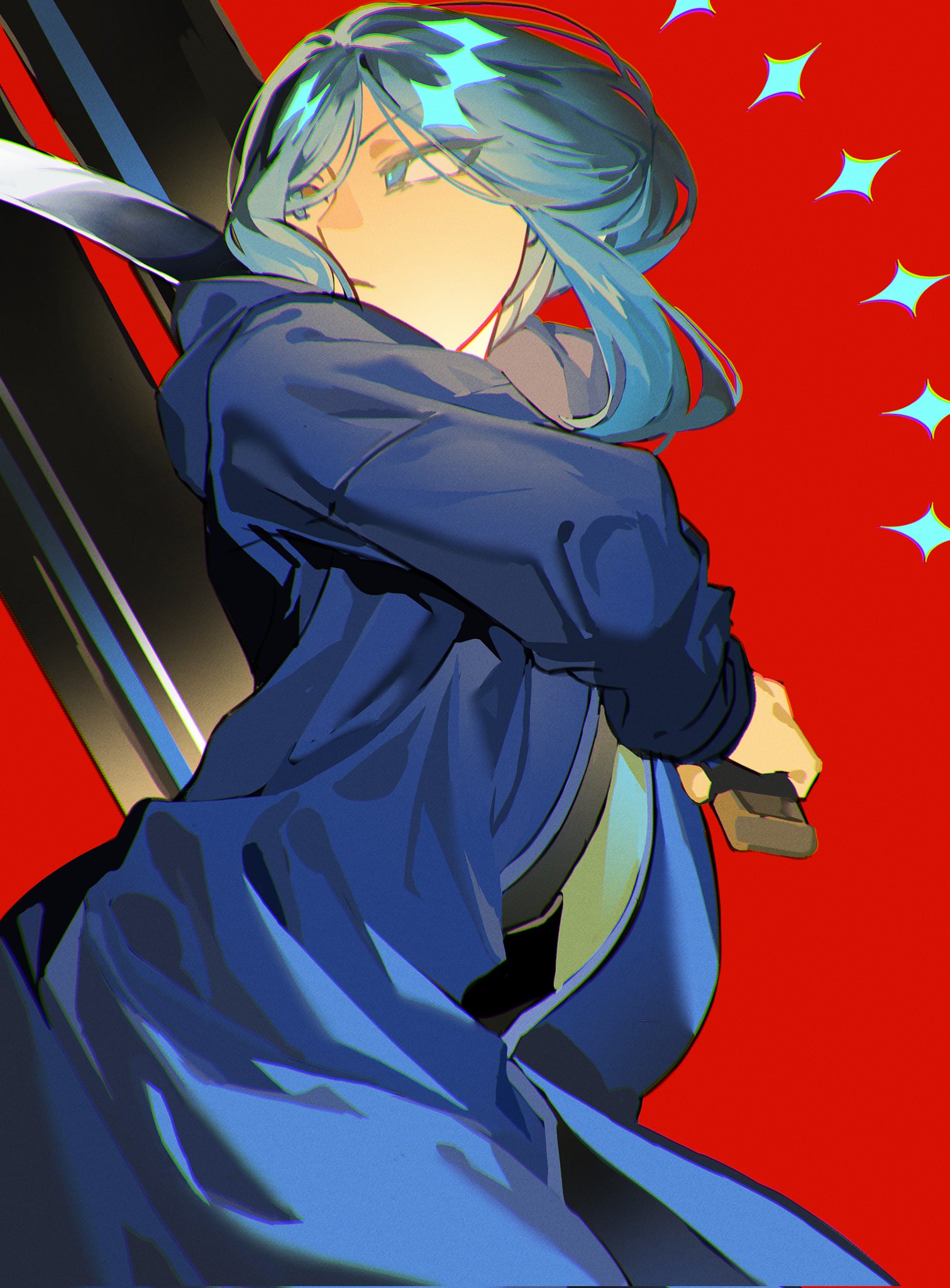 yongsadragon, bari (project moon), limbus company, project moon, highres, 1girl, black coat, blue eyes, blue hair, blue jacket, coat, holding, holding weapon, jacket, jacket over coat, looking to the side, red background, short hair, sidelocks, simple background, solo, standing, upper body, weapon