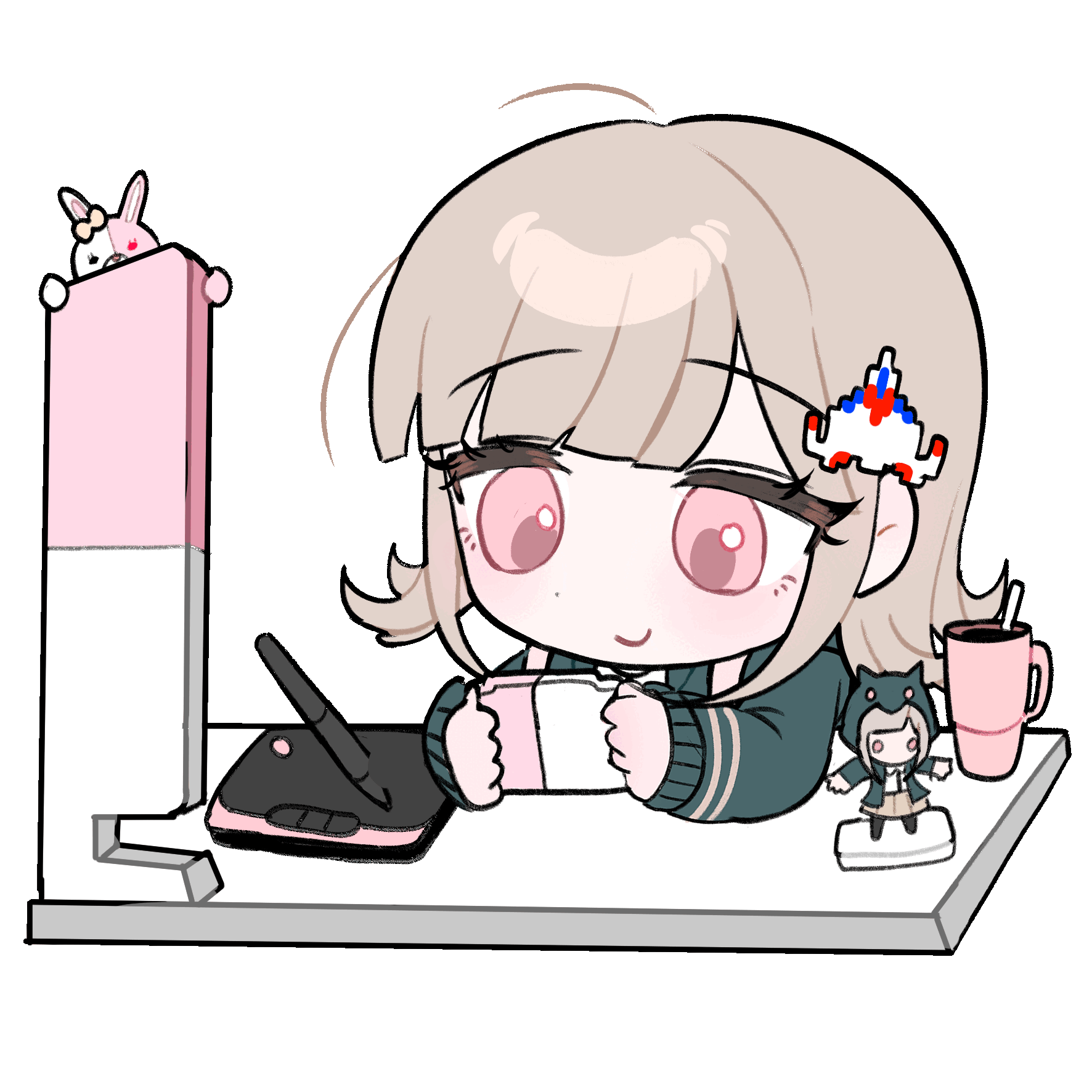 yeonju, monomi (danganronpa), nanami chiaki, danganronpa (series), danganronpa 2: goodbye despair, animated, animated gif, highres, 1girl, ahoge, black jacket, brown hair, chibi, chibi only, closed mouth, cup, dot nose, drawing tablet, figure, hair ornament, handheld game console, holding, holding handheld game console, jacket, long sleeves, medium hair, open clothes, open jacket, pink eyes, playing games, shirt, simple background, smile, solo, stylus, transparent background, upper body, white shirt