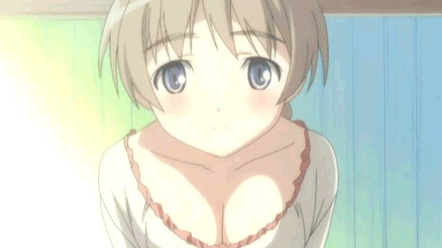 lynette bishop, strike witches, world witches series, animated, animated gif, 00s, 1girl, blonde hair, blue eyes, blush, breasts, cleavage, collarbone, female focus, head tilt, looking at viewer, medium breasts, smile, solo, staring