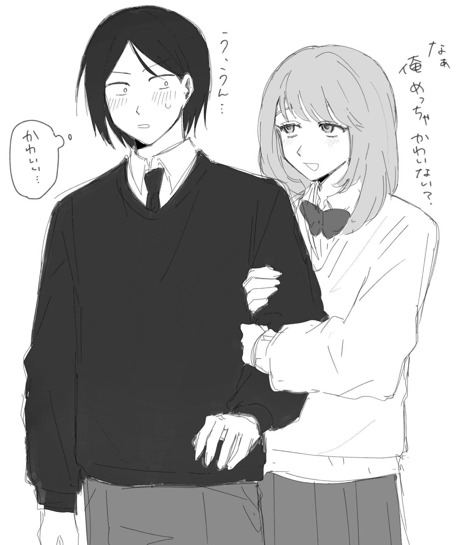 taguchi ryuuya, takami kouki, futsuu no keion-bu, commentary request, highres, translated, 2boys, :d, arm hug, blush, bow, bowtie, collared shirt, crossdressing, crossdressing (mtf), greyscale, holding another's arm, konoyarou, long hair, long sleeves, looking at another, male focus, monochrome, multiple boys, necktie, open mouth, pants, parted bangs, shirt, short hair, simple background, skirt, smile, speech bubble, sweater, swept bangs, thought bubble, trap, white background, yaoi