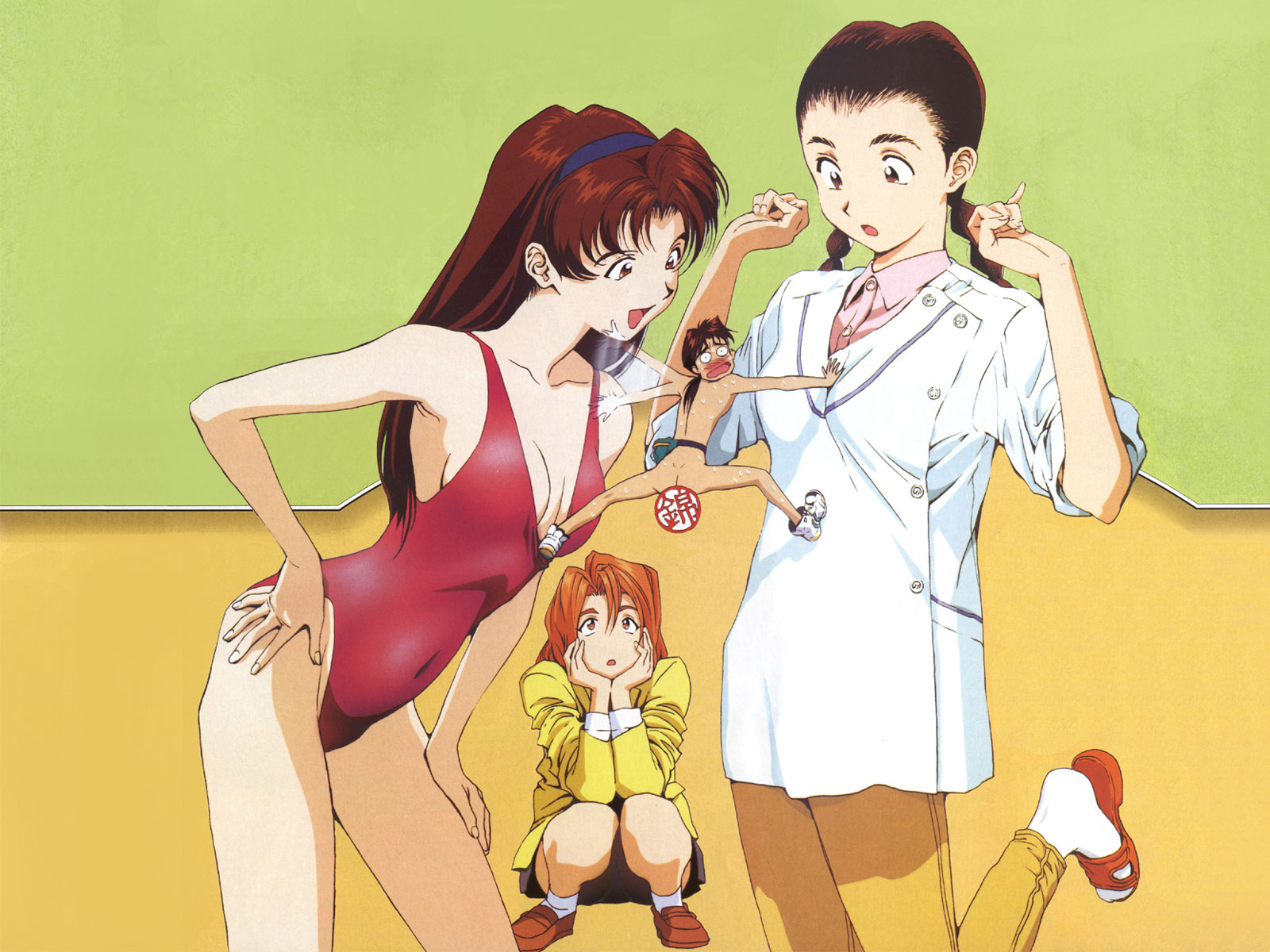 kawamoto toshihiro, kanzaki yuka, katsuda naoko, noriko (golden boy), ooe kintarou, golden boy, white legwear, highres, official art, official wallpaper, translation request, 1990s (style), 1boy, 3girls, afterimage, ass, blush, braid, breasts, brown eyes, brown hair, censored, cleavage, clothed female nude male, clothes pull, dimples of venus, fanny pack, flip-flops, hand on own hip, hip focus, leaning forward, leg lift, loafers, long hair, looking at another, looking back, medium breasts, mini person, miniboy, motion blur, multiple girls, nervous sweating, novelty censor, nude, one-piece swimsuit, one-piece swimsuit pull, open mouth, orange eyes, orange hair, panties, pantyshot, ponytail, red one-piece swimsuit, retro artstyle, sandals, scared, shoes, short hair, skirt, sleeves rolled up, socks, squatting, standing, standing on one leg, surprised, sweat, swimsuit, twin braids, underwear, upskirt