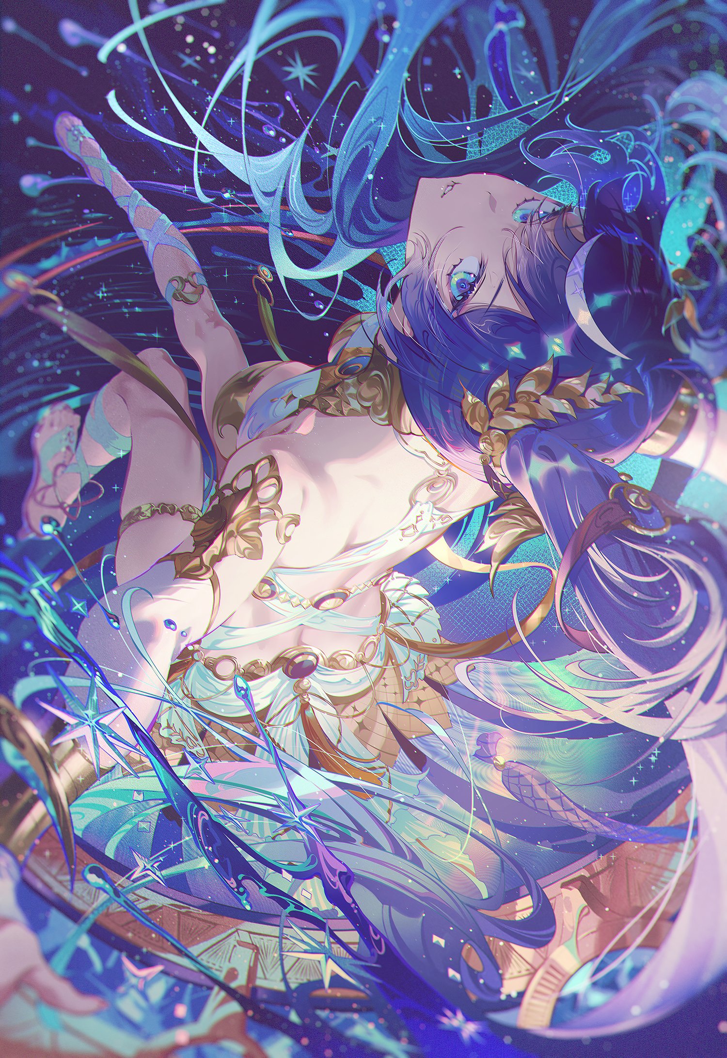 fajyobore, iuno (wuthering waves), wuthering waves, highres, 1girl, bare shoulders, breasts, dynamic pose, hair between eyes, hair ornament, hair vines, long hair, looking at viewer, solo, tacet mark (wuthering waves)