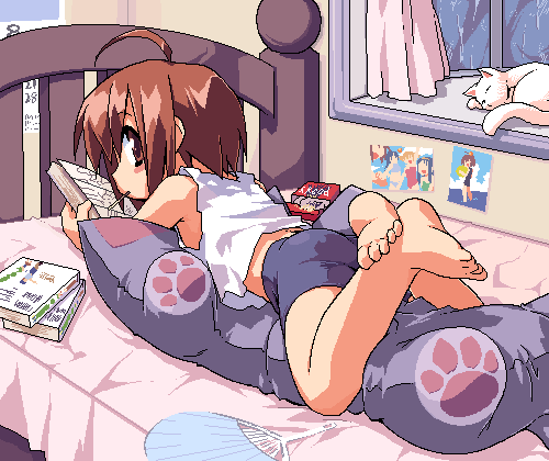 mof, redrantem, tomoshibi hidekazu, bike shorts girl (tomoshibi hidekazu), original, lowres, 1girl, ahoge, barefoot, bike shorts, brown eyes, brown hair, cat, feet, female focus, food, lolita fashion, lying, oekaki, on stomach, pocky, reading, solo