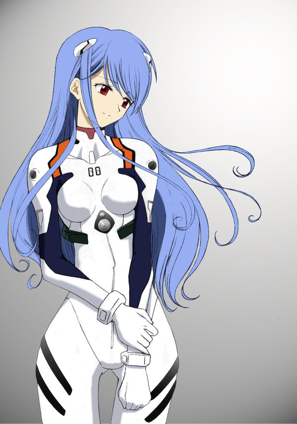 shirotsumekusa, ayanami rei, toudou shimako, maria-sama ga miteru, neon genesis evangelion, non-web source, 1girl, alternate costume, alternate hair length, alternate hairstyle, ayanami rei (cosplay), blue hair, bodysuit, bracer, breasts, cosplay, cowboy shot, female focus, gloves, gradient background, hair ornament, head tilt, holding, holding own hair, light smile, long hair, looking down, mecha pilot suit, plugsuit (evangelion), red eyes, skinny, small breasts, smile, solo, swept bangs, thigh gap, thighs, very long hair, wavy hair