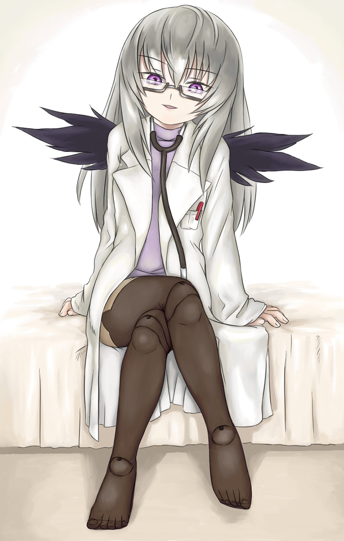 suigintou, rozen maiden, silver hair, 00s, doctor, doll joints, glasses, joints, lab coat, pantyhose, purple eyes, solo, stethoscope, wings