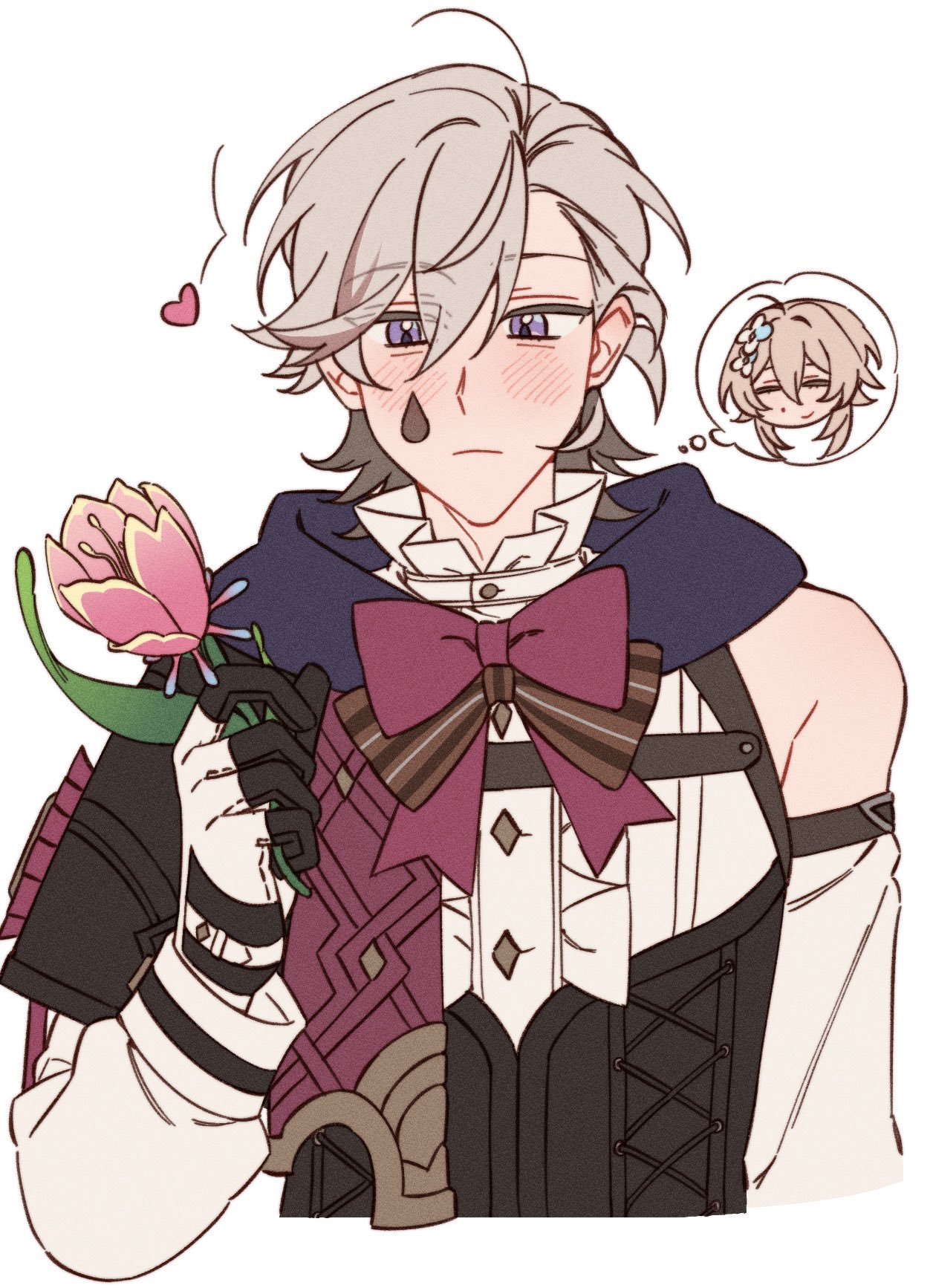 majunjuu, lumine (genshin impact), lyney (genshin impact), genshin impact, commentary, english commentary, highres, 1boy, 1girl, black corset, black gloves, blonde hair, blush, bow, bowtie, brown bow, brown bowtie, buttons, cape, closed eyes, closed mouth, corset, detached sleeves, diamond button, flower, frills, gloves, grey hair, hair between eyes, hair flower, hair ornament, hand up, heart, holding, holding flower, implied hetero, leaf, long sleeves, looking down, pink bow, pink bowtie, pink flower, puffy detached sleeves, puffy long sleeves, puffy sleeves, purple cape, shirt, short hair, sidelocks, simple background, single bare shoulder, sleeveless, sleeveless shirt, smile, speech bubble, striped bow, striped bowtie, striped clothes, teardrop facial mark, thought bubble, two-tone gloves, upper body, white background, white flower, white gloves, white shirt, white sleeves