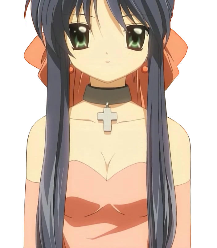 kawasumi mai, kanon, anime screenshot, stitched, third-party edit, 1girl, blue hair, breasts, cleavage, dress, earrings, female focus, green eyes, jewelry, solo, transparent background