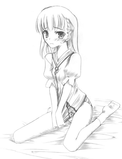 rosetta, rune factory, 1girl, bed, blush, covering crotch, covering privates, embarrassed, female focus, flat chest, frown, greyscale, hair ornament, hairclip, kneeling, monochrome, no pants, panties, shirt tug, socks, solo, spread legs, striped clothes, striped panties, underwear