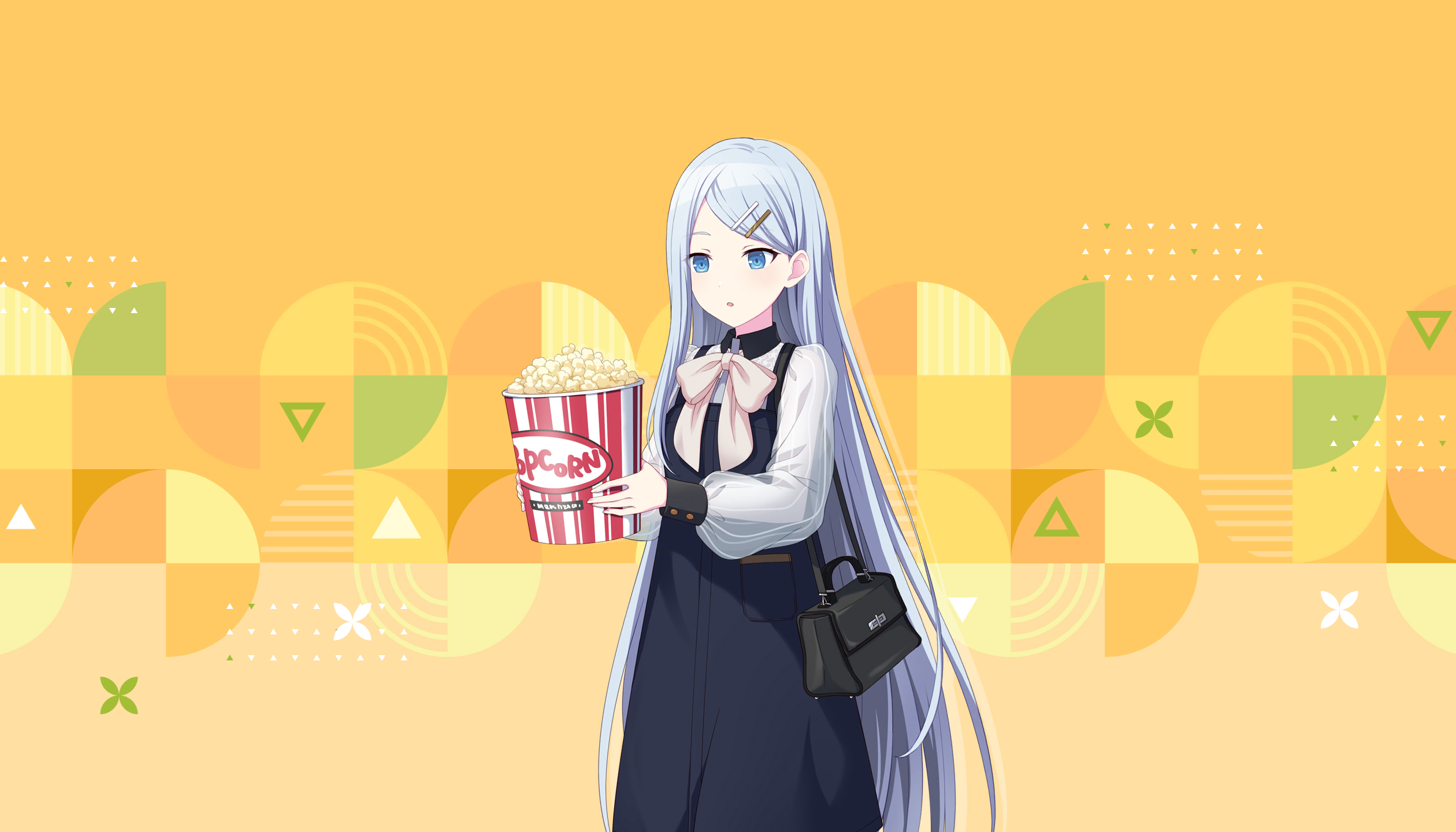 colorful palette, yoisaki kanade, project sekai, game cg, highres, official art, third-party source, 1girl, alternate costume, bag, black bag, black dress, black wrist cuffs, blue eyes, bow, bowtie, bucket, collared shirt, dress, food, hair ornament, hairclip, holding, holding bucket, long hair, orange background, popcorn, shirt, shoulder bag, solo, triangle, very long hair, white bow, white bowtie, white hair, white shirt, wrist cuffs
