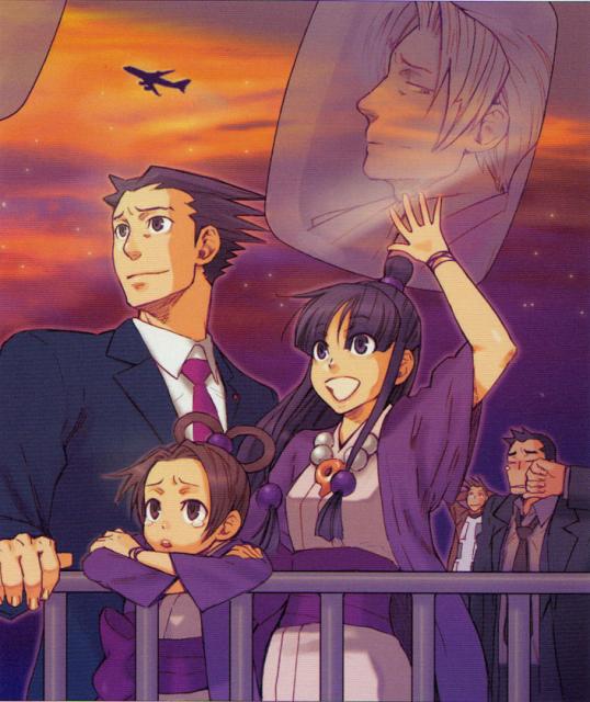 dick gumshoe, larry butz, maya fey, miles edgeworth, pearl fey, phoenix wright, ace attorney, capcom, phoenix wright: ace attorney – justice for all, 2girls, 4boys, aircraft, airplane, hair ornament, half updo, jet airliner, multiple boys, multiple girls, sphere hair ornament, star (symbol), sunset, tears