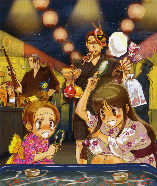larry butz, maya fey, miles edgeworth, pearl fey, phoenix wright, viewtiful joe (character), ace attorney, capcom, viewtiful joe, 00s, 2girls, 4boys, m/, blush, half updo, japanese clothes, kimono, multiple boys, multiple girls