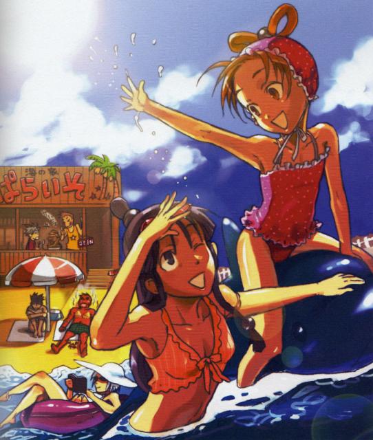 dick gumshoe, franziska von karma, larry butz, maya fey, miles edgeworth, pearl fey, phoenix wright, ace attorney, capcom, 3girls, 4boys, ;d, beach, breasts, casual one-piece swimsuit, cleavage, collarbone, day, frills, medium breasts, midriff, multiple boys, multiple girls, navel, one-piece swimsuit, one eye closed, open mouth, outdoors, outstretched arm, partially submerged, small breasts, smile, stomach, straddling, swimsuit, upper body, water