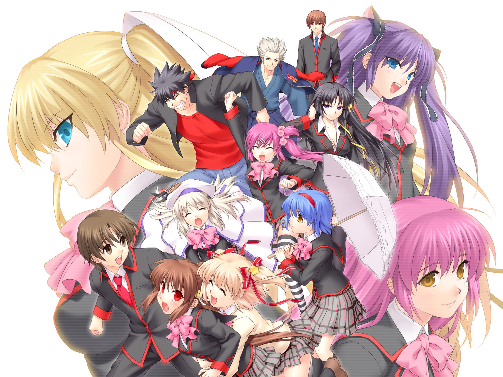 zen, futaki kanata, inohara masato, kamikita komari, kurugaya yuiko, miyazawa kengo, naoe riki, natsume kyousuke, natsume rin, nishizono mio, noumi kudryavka, saigusa haruka, sasasegawa sasami, tokido saya, little busters!, highres, 4boys, 6+girls, :d, ^ ^, blazer, bow, closed eyes, everyone, fang, hair ornament, hairband, hat, jacket, jacket on shoulders, letterman jacket, multiple boys, multiple girls, open mouth, parasol, pink bow, plaid clothes, plaid skirt, school uniform, serafuku, skirt, smile, two side up, umbrella