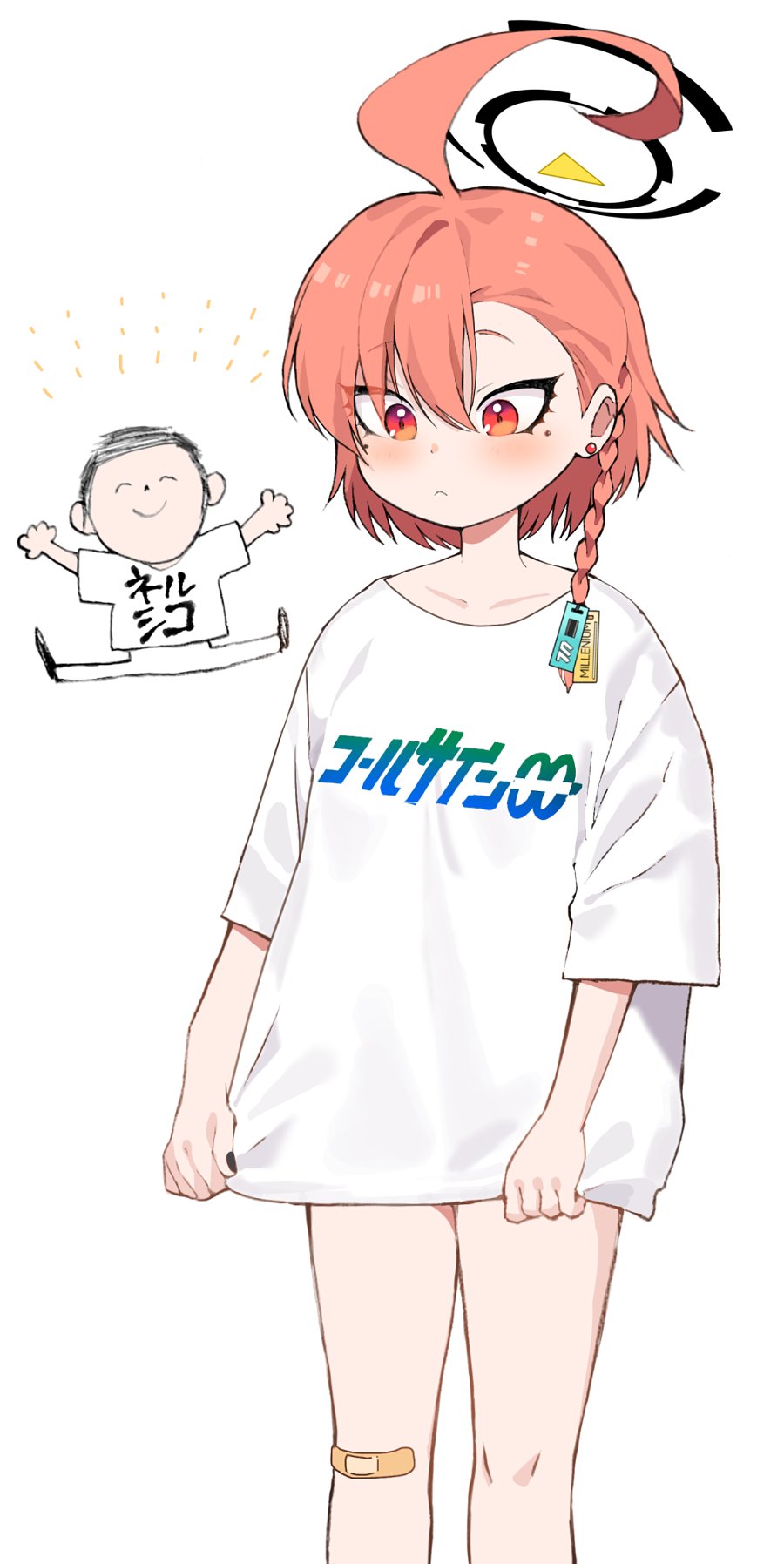 shigeta (yankeehamama), doodle sensei (blue archive), neru (blue archive), sensei (blue archive), blue archive, 1boy, 1girl, ahoge, bandaid, bandaid on knee, bandaid on leg, black nails, blush, braid, earrings, hair between eyes, hair ornament, halo, huge ahoge, jewelry, jumping, midair, mole under each eye, mole under eye, multiple moles, naked shirt, orange hair, oversized clothes, oversized shirt, red eyes, shirt, short hair, side braid, standing, t-shirt, white background, white shirt