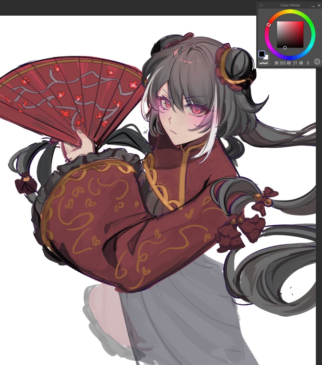 nilousrighthorn, jia xichun (project moon), limbus company, project moon, 1girl, art program in frame, black dress, black hair, blush, chinese clothes, double bun, dress, hair bun, hand fan, long hair, long sleeves, looking at viewer, multicolored hair, pink eyes, red shrug, shrug (clothing), simple background, solo, standing, streaked hair, twintails, upper body, white background, white streaks