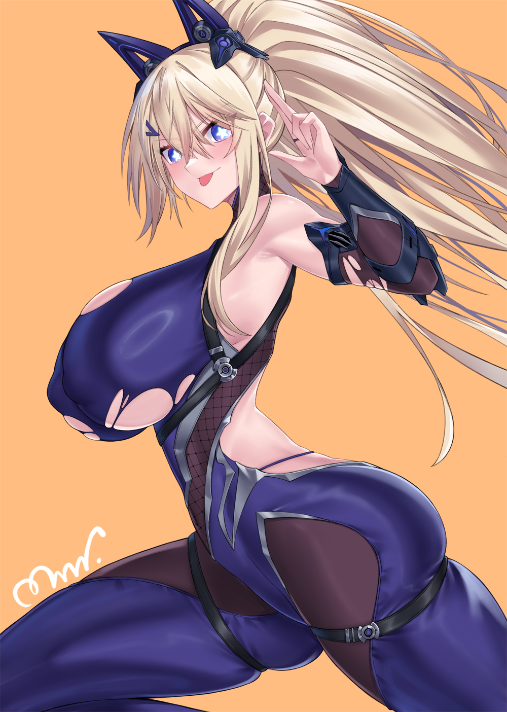 mrnn, guam (azur lane), guam (the kunoichi's dangerous variety show) (azur lane), azur lane, highres, 1girl, :p, blonde hair, blue eyes, breasts, covered erect nipples, crossed bangs, from side, hand up, high ponytail, huge breasts, looking at viewer, ninja, official alternate costume, orange background, ponytail, signature, simple background, skindentation, solo, star-shaped pupils, star (symbol), symbol-shaped pupils, thigh strap, tongue, tongue out, torn clothes
