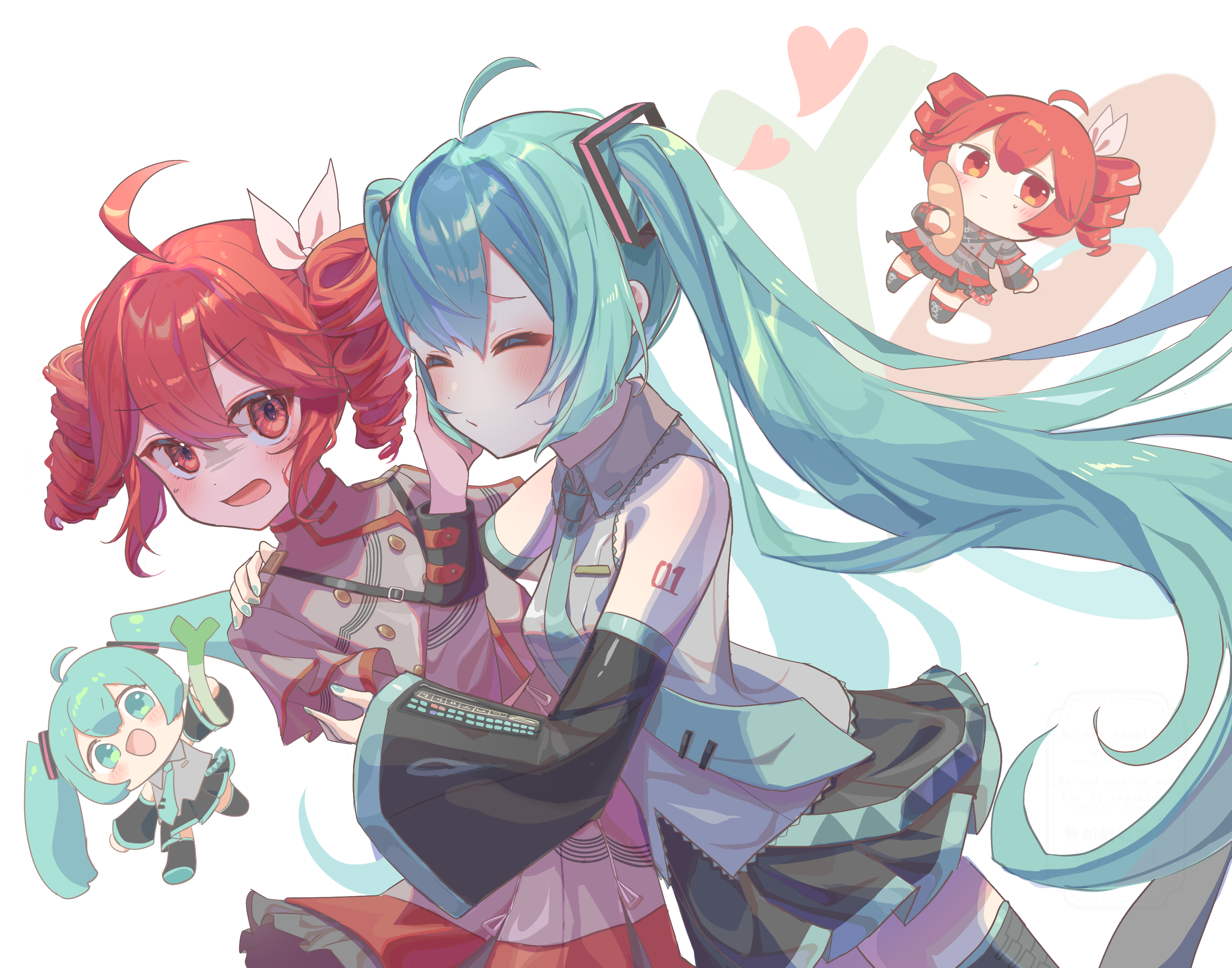 hatsune miku, kasane teto, kasane teto (sv), synthesizer v, utau, vocaloid, highres, 2girls, ahoge, belt, black skirt, black sleeve cuffs, black sleeves, black thighhighs, blue belt, blue hair, blue nails, blue necktie, blush, bow, bread, breasts, buttons, chibi, closed eyes, collared shirt, detached sleeves, double-breasted, drill hair, fingernails, flat chest, food, grey jacket, grey skirt, hair between eyes, hair bow, hair ornament, hair ribbon, hand on another's face, jacket, layered skirt, layered sleeves, long hair, looking at another, looking at viewer, medium breasts, mikazuki123457, miniskirt, multiple girls, musical staff, musical staff print, necktie, open mouth, puckered lips, red eyes, red hair, red skirt, red tattoo, red trim, ribbon, shirt, shoulder tattoo, sideways, sideways glance, simple background, skirt, skirt set, sleeveless, sleeveless shirt, small breasts, smile, spring onion, striped clothes, striped jacket, striped skirt, sweatdrop, tattoo, thighhighs, twin drills, twintails, very long hair, white bow, white ribbon, wing collar, zettai ryouiki