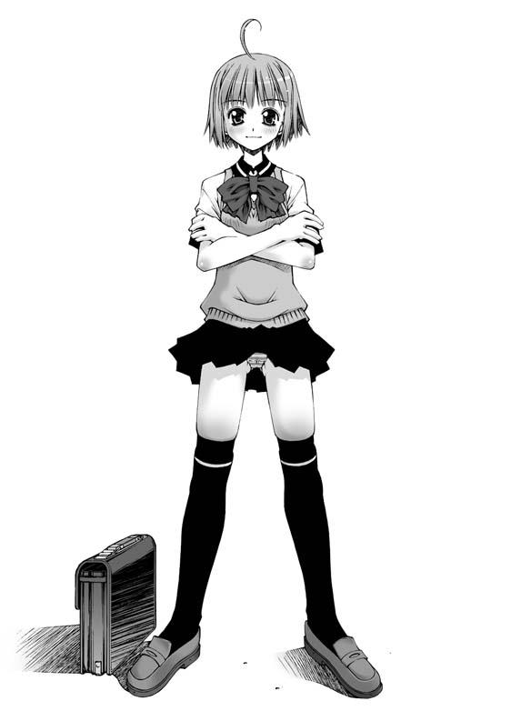 kusano kouichi, takanashi nao, oniichan no koto nanka zenzen suki janain dakara ne!!, original, 1girl, female focus, greyscale, monochrome, panties, school uniform, serafuku, solo, striped clothes, striped panties, sweater vest, thighhighs, underwear, vest