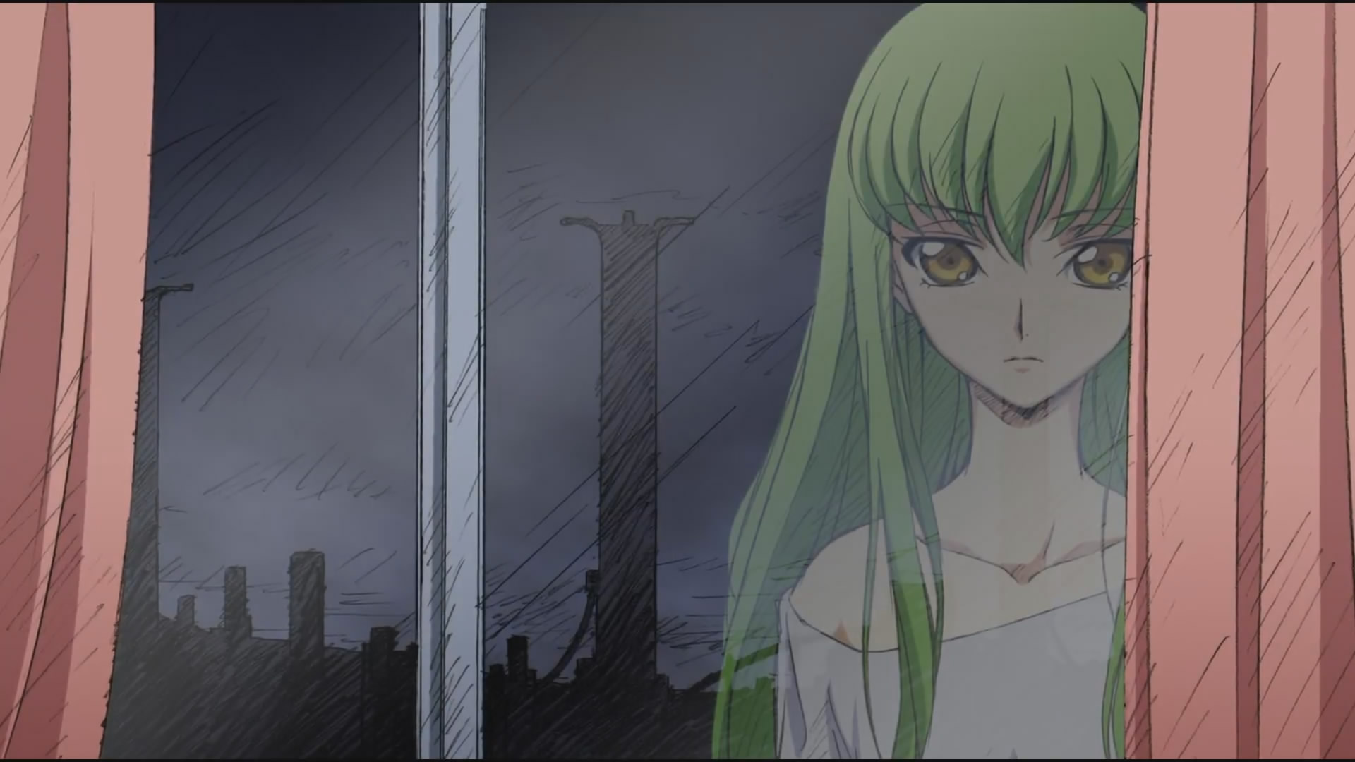 c.c., code geass, dvd, anime screenshot, highres, 00s, green hair, long hair, reflection, shirt slip, solo, yellow eyes
