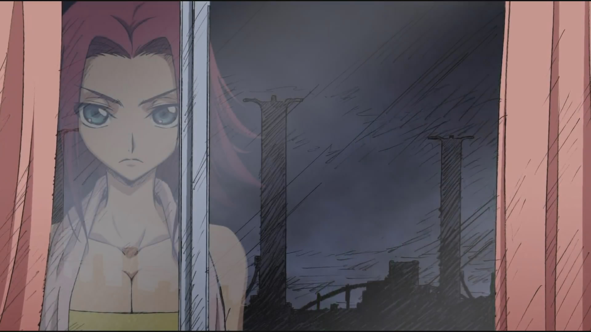 kouzuki kallen, code geass, dvd, anime screenshot, highres, 00s, blue eyes, breasts, cleavage, large breasts, red hair, solo