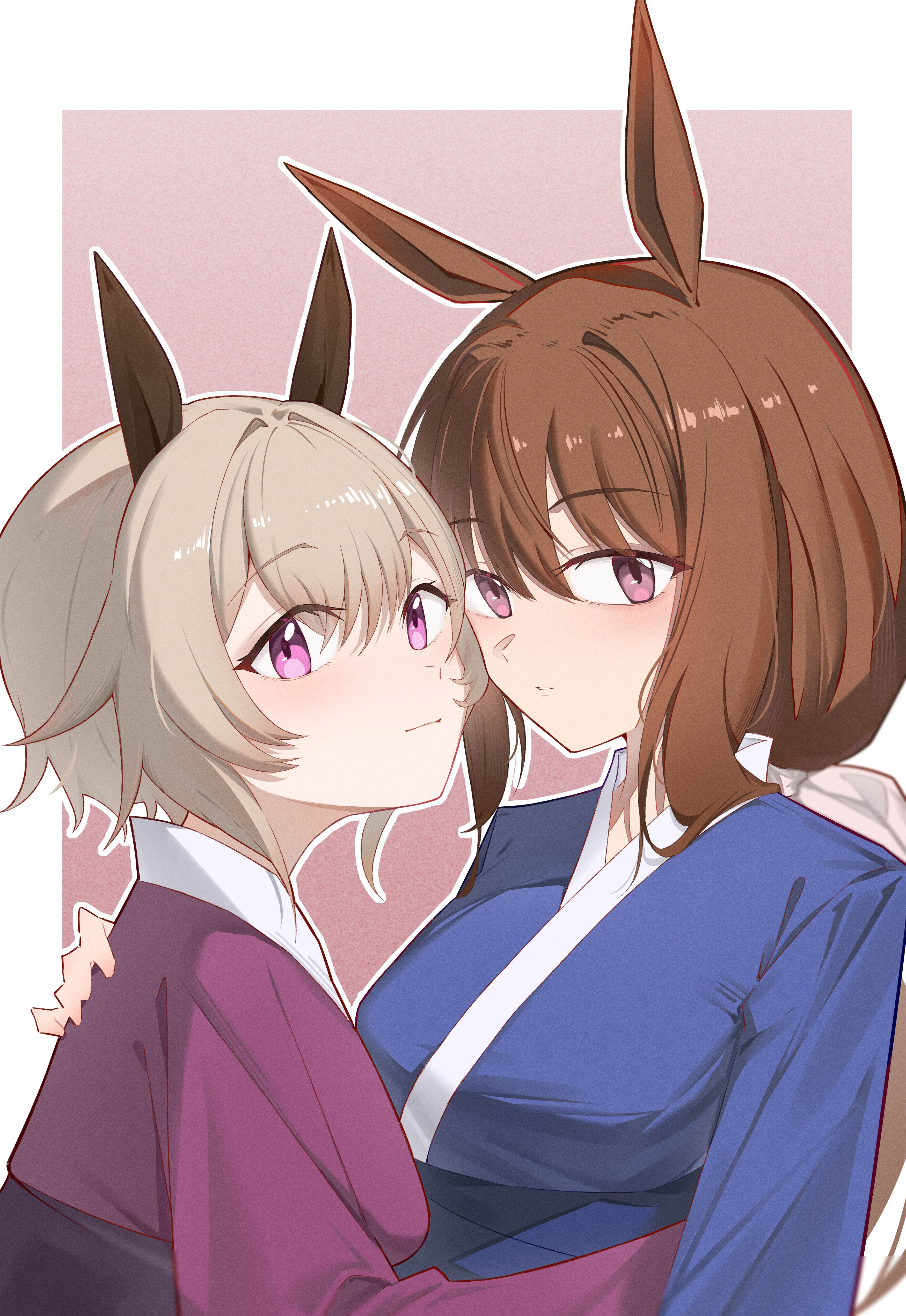 xiangzuo zhi, admire vega (umamusume), curren chan (umamusume), umamusume, absurdres, highres, 2girls, animal ears, blue eyes, blue kimono, breasts, brown hair, closed mouth, grey eyes, grey hair, hair between eyes, hair intakes, hair ribbon, hand on another's back, horse ears, horse girl, japanese clothes, kimono, long hair, looking at viewer, low ponytail, medium breasts, multiple girls, parted lips, pink kimono, ponytail, ribbon, short hair, white ribbon, yuri