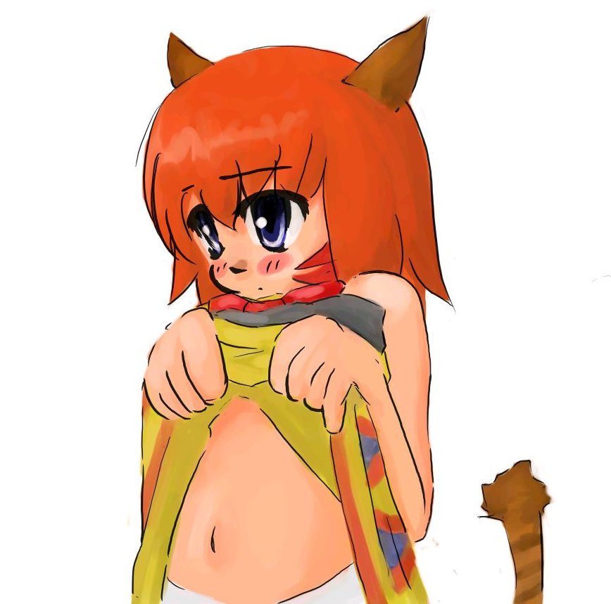 mithra (ff11), final fantasy, final fantasy xi, 00s, aged down, animal ears, blue eyes, blush, clothes lift, panties, red hair, short hair, skirt, skirt lift, tail, underwear