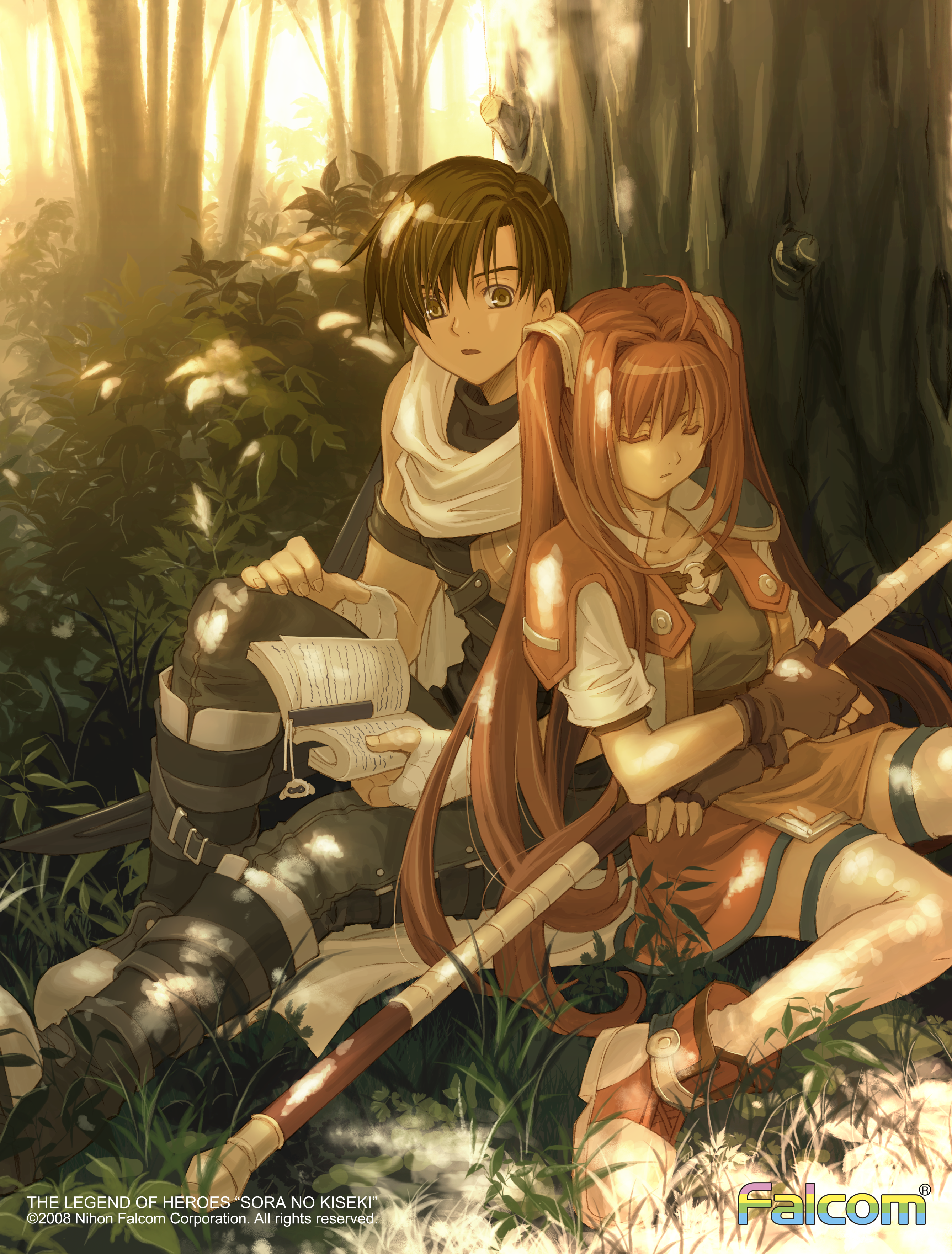 estelle bright, joshua bright, eiyuu densetsu, sora no kiseki, absurdres, artist request, highres, official art, 1boy, 1girl, ahoge, antenna hair, armor, black hair, bo staff, book, boots, brown gloves, brown hair, closed eyes, fingerless gloves, gloves, grass, hair between eyes, hair intakes, holding, holding book, holding staff, holding weapon, leaning on person, long hair, looking at viewer, open book, outdoors, over-kneehighs, parted bangs, pauldrons, scarf, short hair, shorts, shoulder armor, single pauldron, sitting, skirt, sleeping, smile, staff, swept bangs, thighhighs, tree, twintails, very long hair, weapon, white scarf
