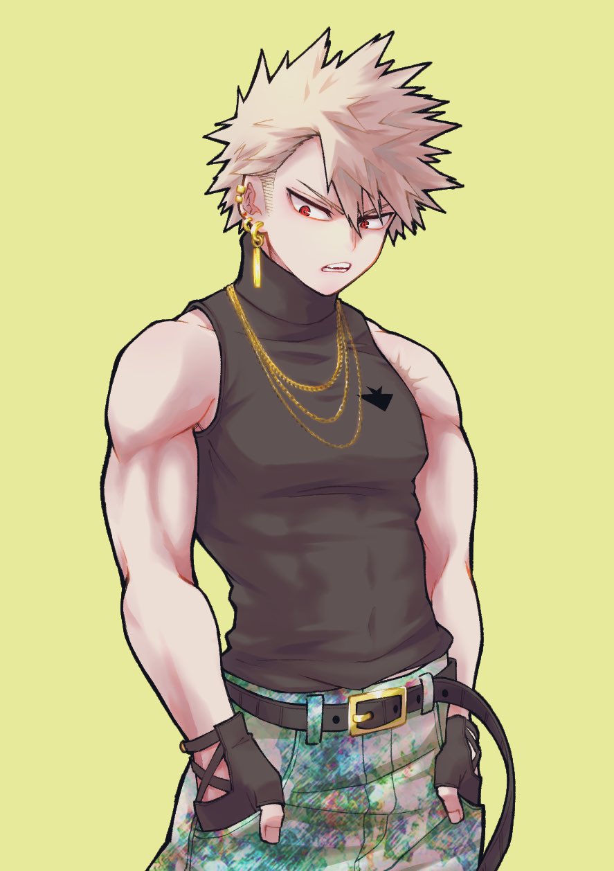 tomomin 1129, bakugou katsuki, boku no hero academia, commentary request, highres, 1boy, alternate costume, black gloves, black shirt, chain, clothing cutout, covered abs, covered pectorals, cowboy shot, earrings, fingerless gloves, glove cutout, gloves, gold chain, hands in pockets, jewelry, looking to the side, male focus, multiple necklaces, open mouth, pants, pectorals, piercing, print pants, red eyes, shirt, sideways glance, sleeveless, sleeveless turtleneck, solo, teeth, turtleneck, yellow background