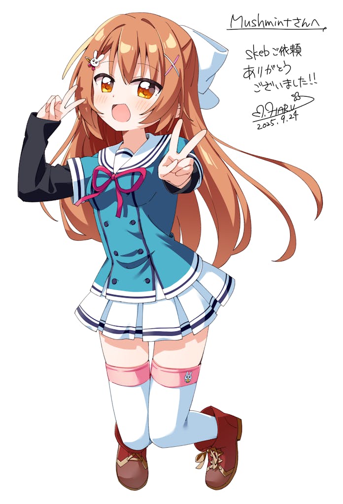 haru (konomi 150), hanasaki nonoka, hanasaki work spring, commentary, commission, skeb commission, 1girl, :d, blue shirt, blush, boots, brown boots, brown hair, buttons, dated, dot nose, double-breasted, double v, full body, hair ornament, hair ribbon, hand up, lace-up boots, layered sleeves, long hair, long sleeves, looking at viewer, miniskirt, neck ribbon, open mouth, orange eyes, outstretched arm, pleated skirt, rabbit hair ornament, red ribbon, ribbon, shirt, short over long sleeves, short sleeves, signature, simple background, skirt, smile, solo, thighhighs, v, white background, white ribbon, white skirt, white thighhighs, x hair ornament, zettai ryouiki