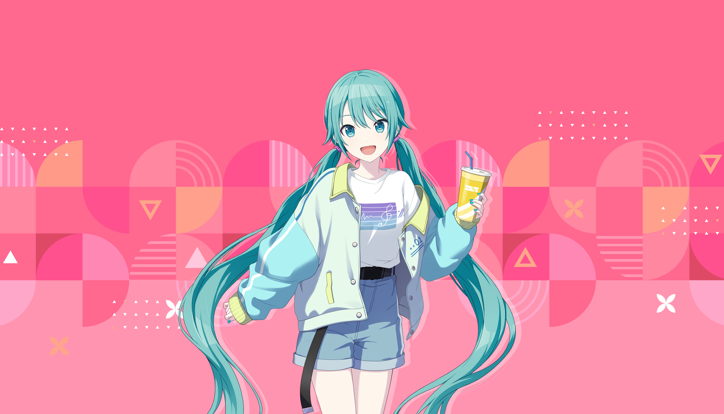 colorful palette, hatsune miku, project sekai, vocaloid, game cg, highres, official art, third-party source, 1girl, :d, alternate costume, aqua eyes, aqua hair, belt, black belt, blue jacket, blue shorts, cup, drink, drinking straw, fingernails, hair between eyes, holding, holding cup, holding drink, jacket, long hair, nail polish, open clothes, open jacket, open mouth, pink background, shirt, shorts, smile, solo, t-shirt, tongue, triangle, twintails, very long hair, white shirt