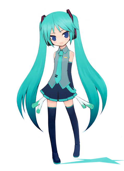 mamoru (arizona), hatsune miku, vocaloid, 1girl, blue eyes, female focus, green hair, headphones, long hair, solo, thighhighs, twintails, very long hair