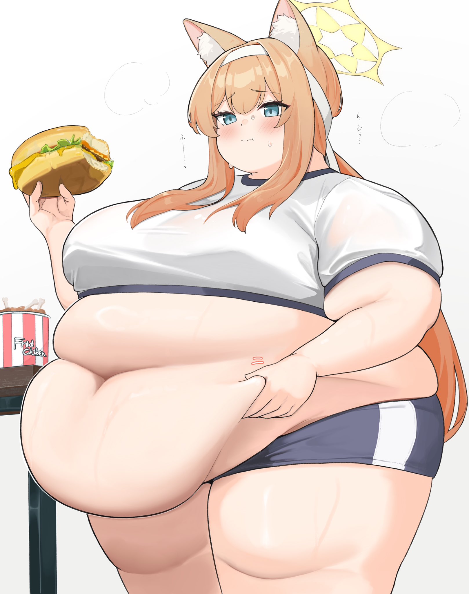 7sufyfhysfsdkn0, mari (blue archive), mari (track) (blue archive), blue archive, highres, 1girl, animal ear fluff, animal ears, belly, belly grab, big belly, blonde hair, blue eyes, blue shorts, blush, breasts, bucket of chicken, burger, chicken (food), crop top, fat, fat rolls, fat woman, food, fried chicken, gym shorts, halo, headband, holding, holding food, long hair, medium breasts, navel, obese, orange hair, shirt, short shorts, shorts, solo, standing, sweat, thick arms, thick thighs, thighs, tight clothes, tight shirt, white background, white headband