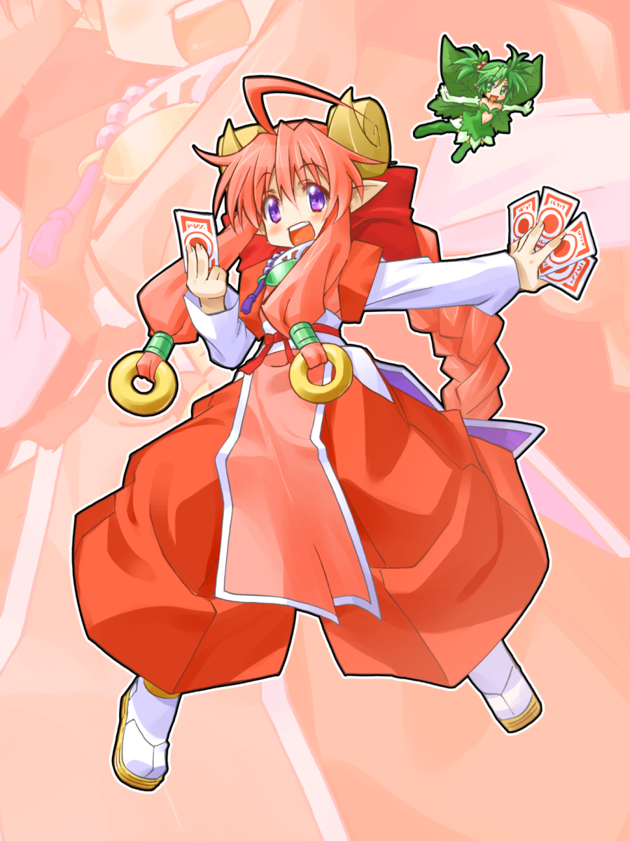 kageyama shinobi, konoha (shinrabanshou), pink bloom miyabi, shinrabanshou, commentary request, highres, 2girls, ahoge, boots, braid, curled horns, elbow gloves, fairy, flying, full body, gloves, green boots, green eyes, green gloves, green hair, green shirt, green skirt, hair bobbles, hair ornament, hakama, hakama pants, holding, holding ofuda, horns, japanese clothes, layered sleeves, leaf wings, long hair, long sleeves, looking at viewer, mini person, minigirl, multiple girls, ofuda, open mouth, outstretched arms, pants, pink hair, pointy ears, purple eyes, red hakama, ring hair ornament, shirt, shoes, short hair, short over long sleeves, short sleeves, single braid, skirt, smile, socks, spread arms, teeth, upper teeth only, very long hair, white shirt, white shoes, white socks, zoom layer
