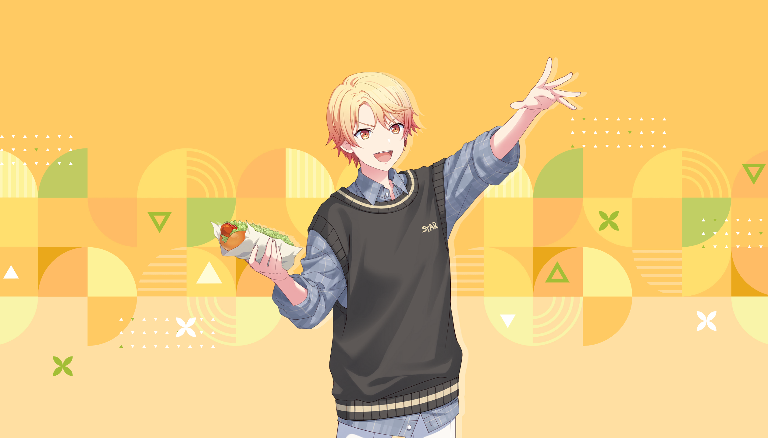 colorful palette, tenma tsukasa, project sekai, game cg, highres, official art, third-party source, 1boy, :d, alternate costume, alternate hairstyle, black sweater, blonde hair, clothes writing, collared shirt, food, gradient hair, grey shirt, holding, holding food, hot dog, looking at viewer, male focus, multicolored hair, open mouth, orange eyes, orange hair, pants, shirt, smile, solo, sweater, teeth, tongue, triangle, upper teeth only, white pants, yellow background