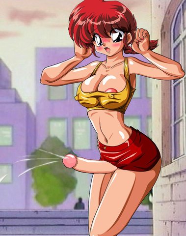 akane (cgbox), ranma-chan, saotome ranma, ranma 1/2, gender request, lowres, 1futa, areola slip, bare arms, bare shoulders, blush, braid, braided ponytail, breasts, building, cleavage, clothes lift, cloud, collarbone, covered erect nipples, cowboy shot, cum, curvy, ejaculation, erection, facing viewer, futanari, genderswap, huge breasts, large breasts, looking at viewer, microskirt, midriff, navel, nipples, outdoors, penis, public indecency, red hair, revealing clothes, shiny skin, skirt, skirt lift, sky, solo, standing, uncensored