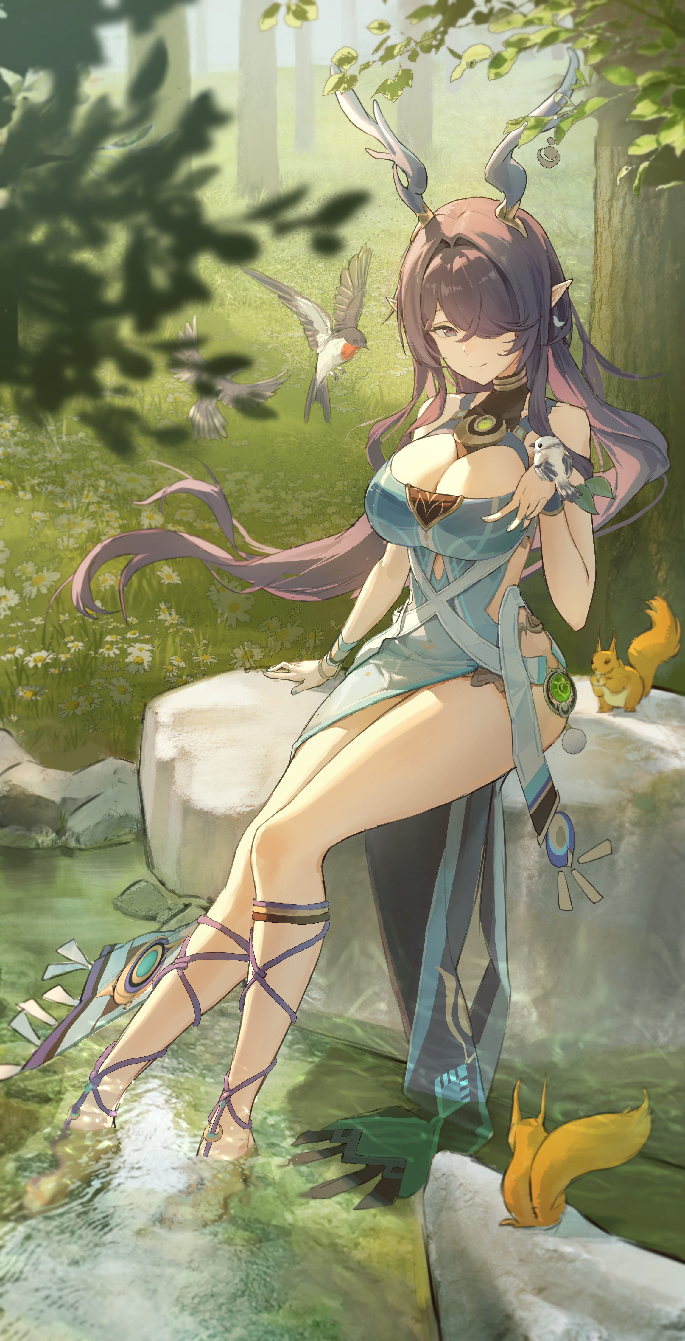 jimizuai-, lauma (genshin impact), genshin impact, absurdres, highres, 1girl, bird, bird on hand, black hair, breasts, cleavage, closed mouth, dendro symbol (genshin impact), dress, green dress, hair over one eye, large breasts, looking at another, pointy ears, sitting, sleeveless, sleeveless dress, smile, solo, squirrel, tree