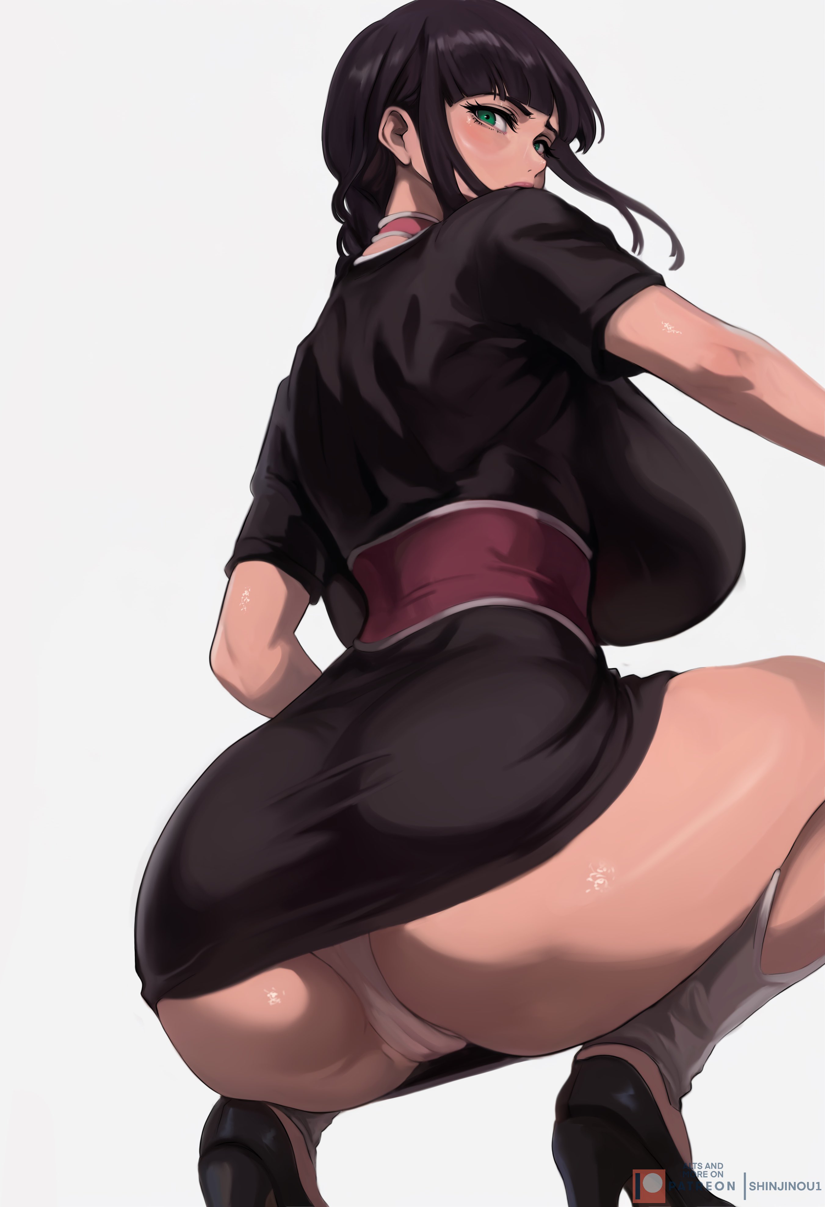 lady shin, kurotsuchi nemu, bleach, highres, 1girl, artist name, black hair, blush, braid, braided ponytail, breasts, choker, female focus, green eyes, large breasts, long hair, panties, patreon username, shiny skin, simple background, thighs, underwear, white background, white panties