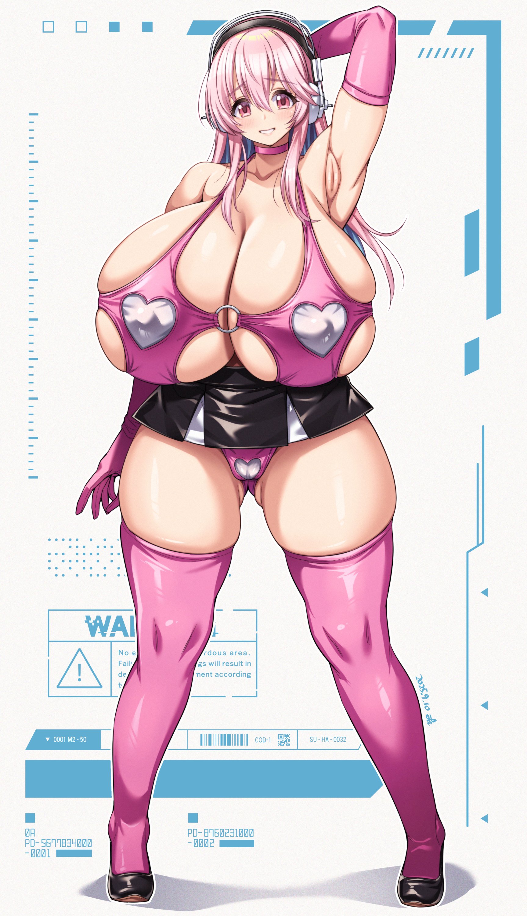 yoohi, super sonico, nitroplus, 1girl, arm behind head, armpits, black shoes, black skirt, blue hair, blush, breasts, choker, cleavage, colored inner hair, covered erect nipples, elbow gloves, gigantic breasts, gloves, gluteal fold, hair between eyes, headphones, high heels, lips, long hair, miniskirt, multicolored hair, o-ring, o-ring top, panties, pink choker, pink eyes, pink gloves, pink hair, pink panties, pink shirt, pink thighhighs, shirt, shoes, skindentation, skirt, sleeveless, smile, solo, standing, thick thighs, thighhighs, thighs, underwear, white background