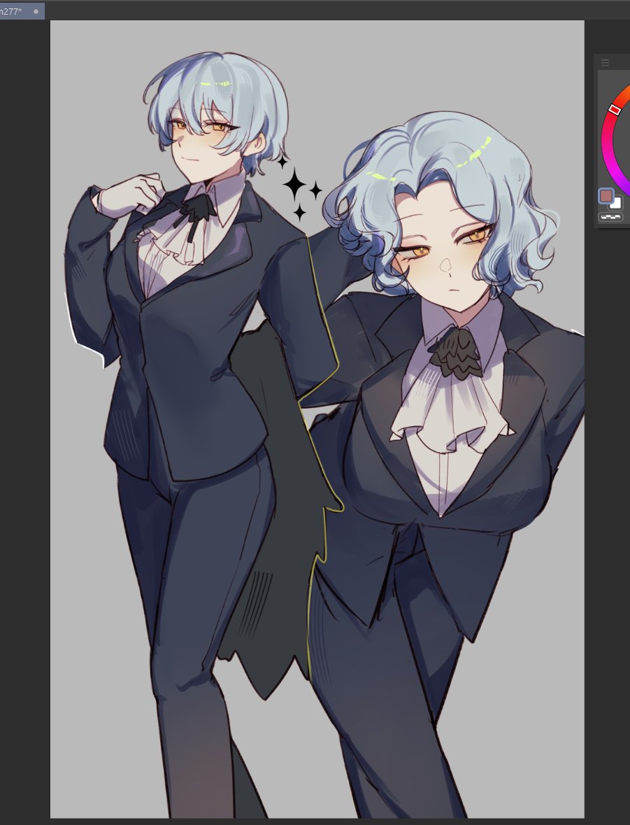 nilousrighthorn, angela (project moon), library of ruina, project moon, 1girl, alternate costume, art program in frame, ascot, black jacket, black pants, blue hair, breasts, closed mouth, collared shirt, formal clothes, gloves, grey background, jacket, long sleeves, looking at viewer, multiple views, pants, shirt, short hair, simple background, solo, standing, suit, upper body, white ascot, white gloves, white shirt, yellow eyes