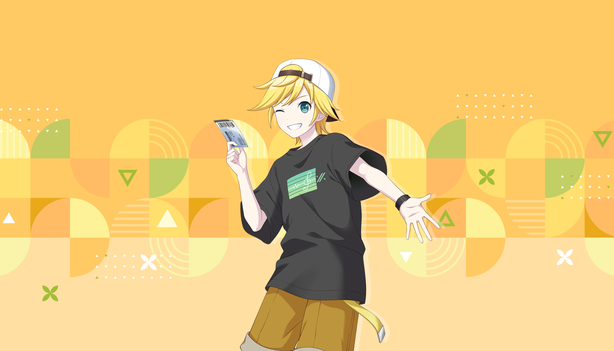 colorful palette, kagamine len, project sekai, vocaloid, game cg, highres, official art, third-party source, 1boy, ;d, alternate costume, aqua eyes, backwards hat, belt, black shirt, blonde hair, brown shorts, grin, hat, holding, holding ticket, male focus, one eye closed, open mouth, shirt, shorts, smile, solo, teeth, ticket, triangle, white hat, yellow background, yellow belt
