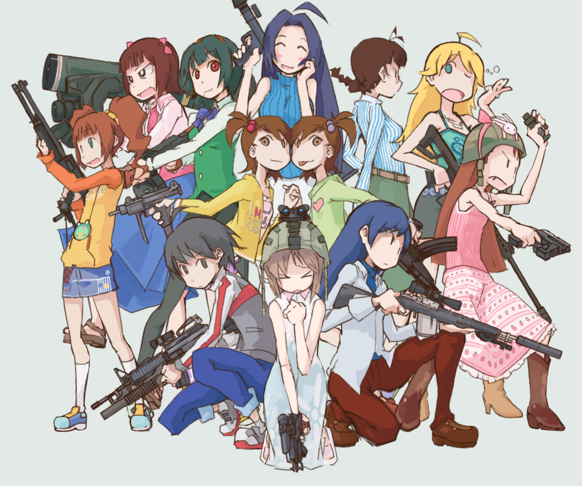 tugeneko, akizuki ritsuko, amami haruka, futami ami, futami mami, hagiwara yukiho, hoshii miki, kikuchi makoto, kisaragi chihaya, minase iori, miura azusa, otonashi kotori, takatsuki yayoi, call of duty, call of duty 4, idolmaster, idolmaster (classic), idolmaster 1, 00s, 6+girls, antenna hair, brown eyes, brown hair, casual, crossover, everyone, gun, multiple girls, pantyhose, siblings, sisters, standing, twins, twintails, weapon