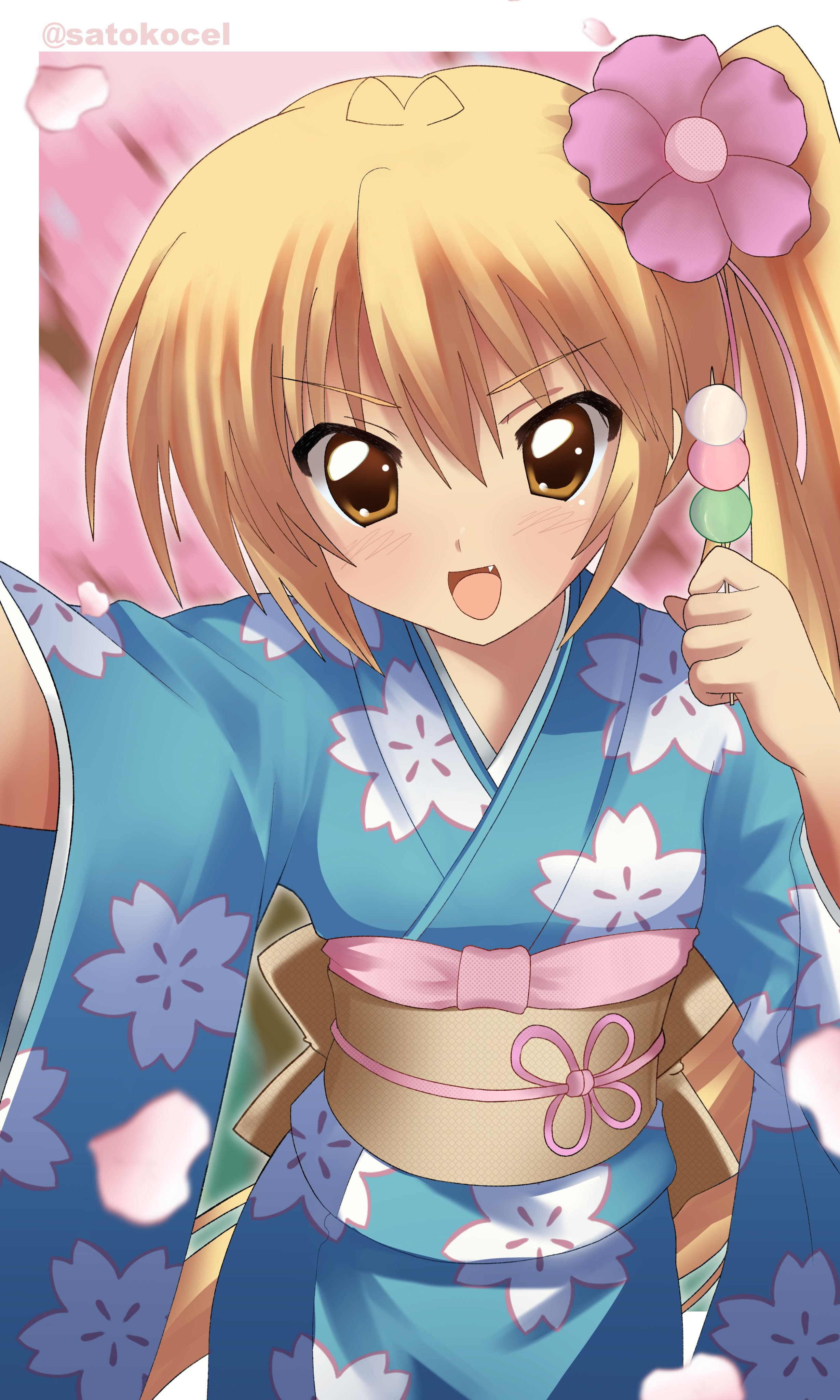satokocel, akita neru, vocaloid, absurdres, highres, 1girl, 2000s (style), :d, antenna hair, blonde hair, blue kimono, blurry, blurry background, blush, cherry blossoms, dango, falling petals, fang, floral print, floral print kimono, flower, flower knot, food, furisode, hair between eyes, hair flower, hair ornament, holding, holding food, japanese clothes, kimono, long hair, looking at viewer, obi, open mouth, petals, pink rope, print kimono, rope, sanshoku dango, sash, side ponytail, smile, solo, twitter username, v-shaped eyebrows, wagashi, yellow eyes