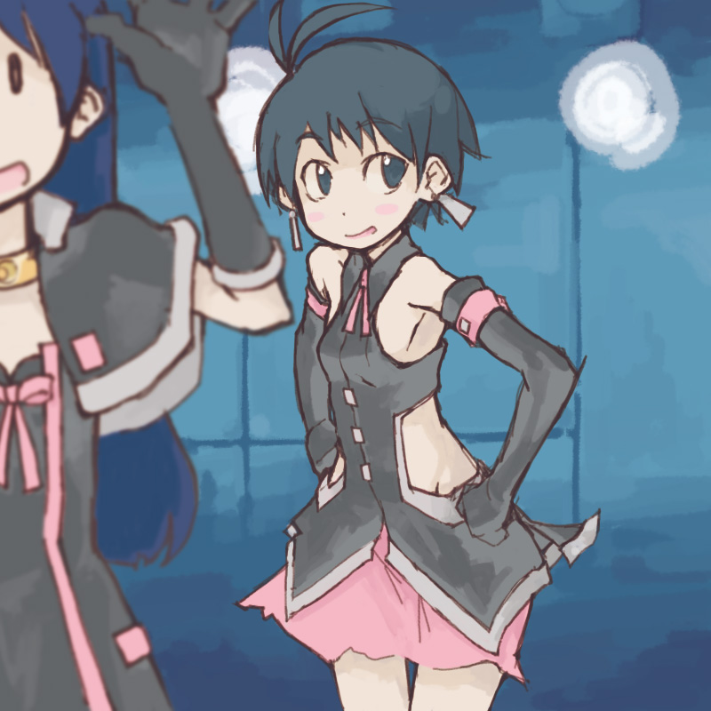 tugeneko, kikuchi makoto, kisaragi chihaya, idolmaster, idolmaster (classic), idolmaster 1, 00s, antenna hair, armpits, bare shoulders, black eyes, black hair, cute & girly (idolmaster), earrings, elbow gloves, flat chest, gloves, jewelry, looking back, short hair, smile