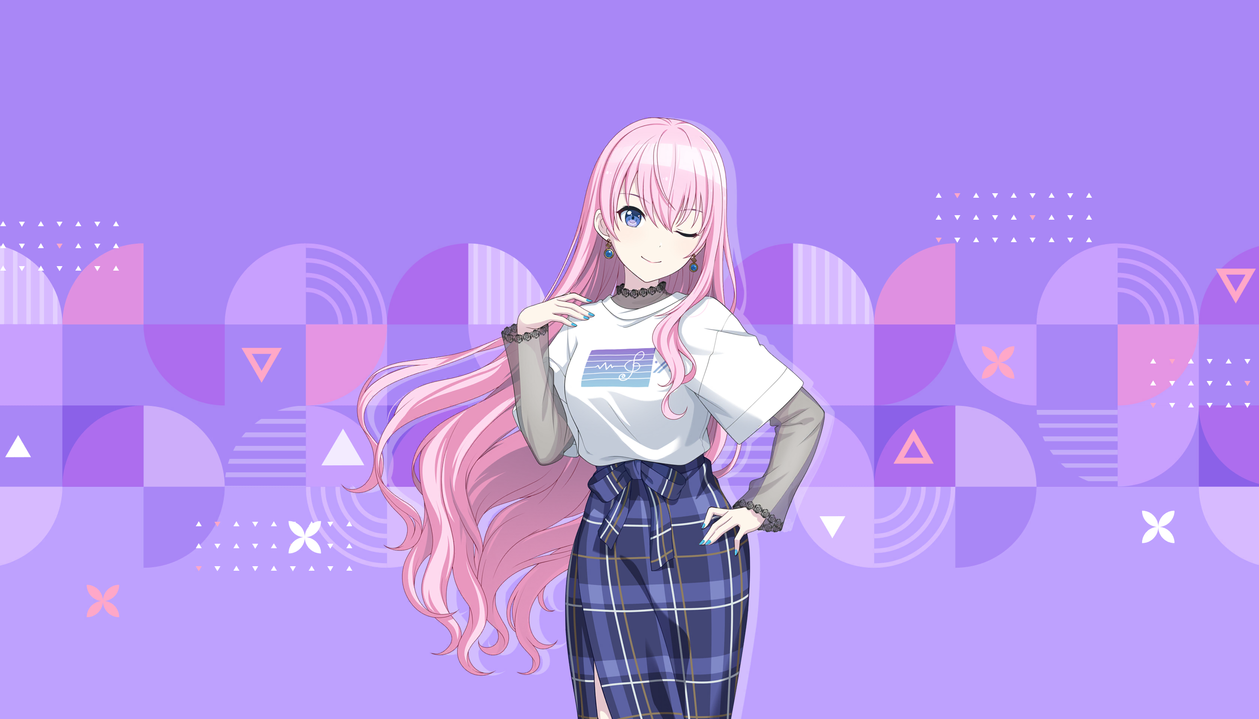 colorful palette, megurine luka, project sekai, vocaloid, game cg, highres, official art, third-party source, 1girl, ;), alternate costume, black shirt, blue skirt, earrings, jewelry, layered shirt, long hair, one eye closed, pink hair, plaid clothes, plaid skirt, purple background, purple eyes, see-through clothes, see-through shirt, shirt, side slit, skirt, smile, solo, triangle, very long hair, white shirt