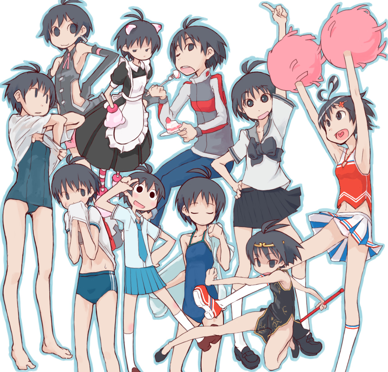 tugeneko, kikuchi makoto, idolmaster, idolmaster (classic), idolmaster 1, highres, 00s, 1girl, antenna hair, barefoot, cute & girly (idolmaster), female focus, full body, maid, multiple views, navel, panties, school swimsuit, school uniform, serafuku, shirt, shoes, short hair, skirt, standing, swimsuit, underwear