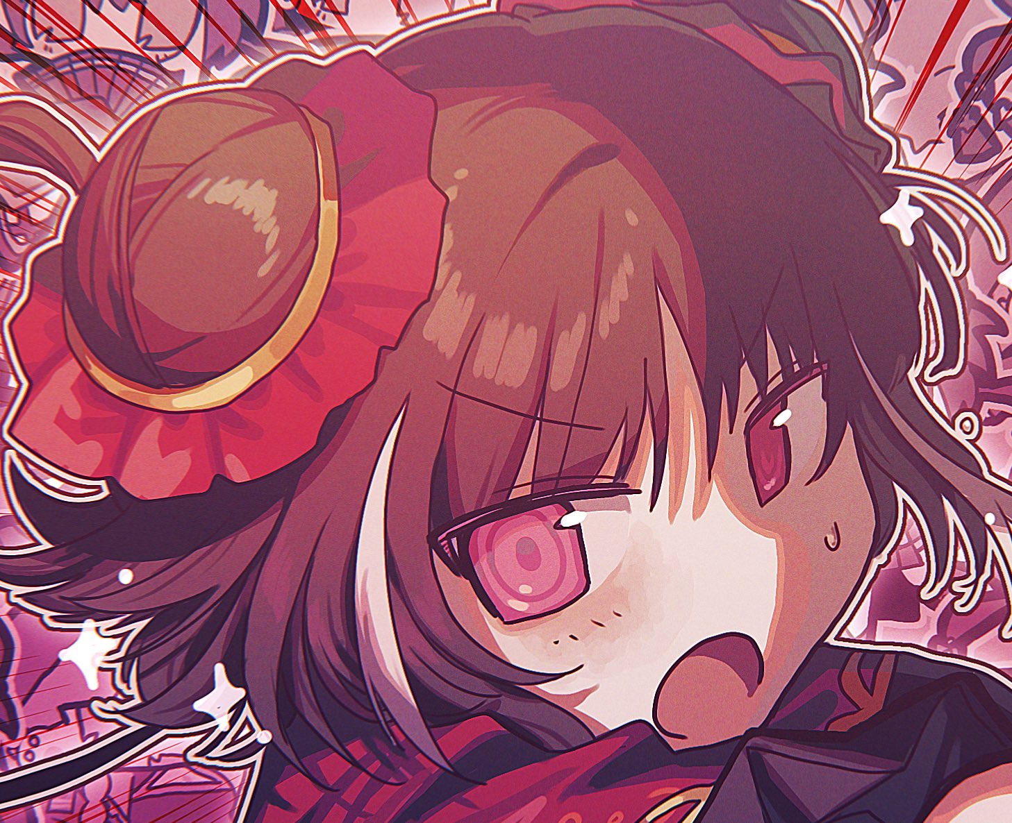 jia xichun (project moon), limbus company, project moon, 1girl, :o, black hair, double bun, hair bun, long hair, looking at viewer, multicolored hair, nr6nzqrcgf60864, open mouth, pink background, pink eyes, red shrug, shrug (clothing), simple background, solo, streaked hair, twintails, upper body, white streaks